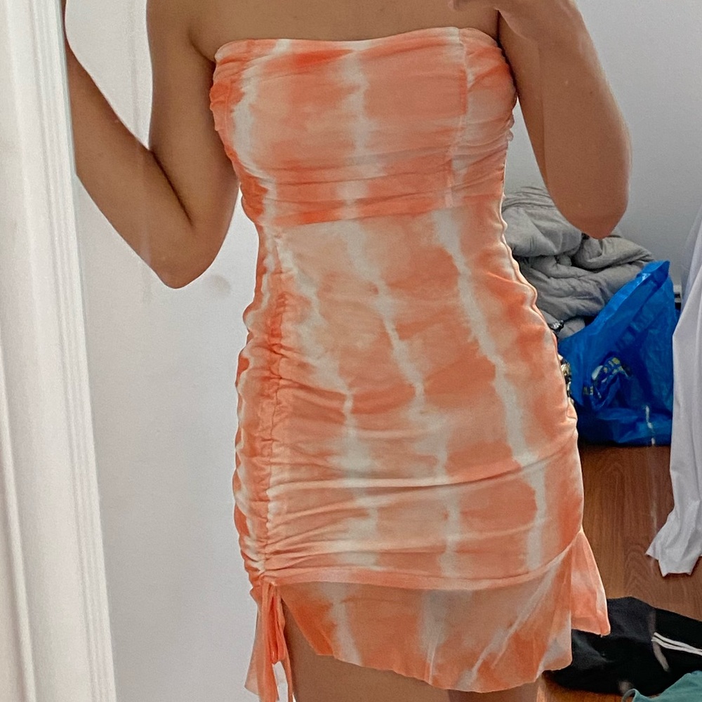 Orange tie dye bandeau bodycon dress